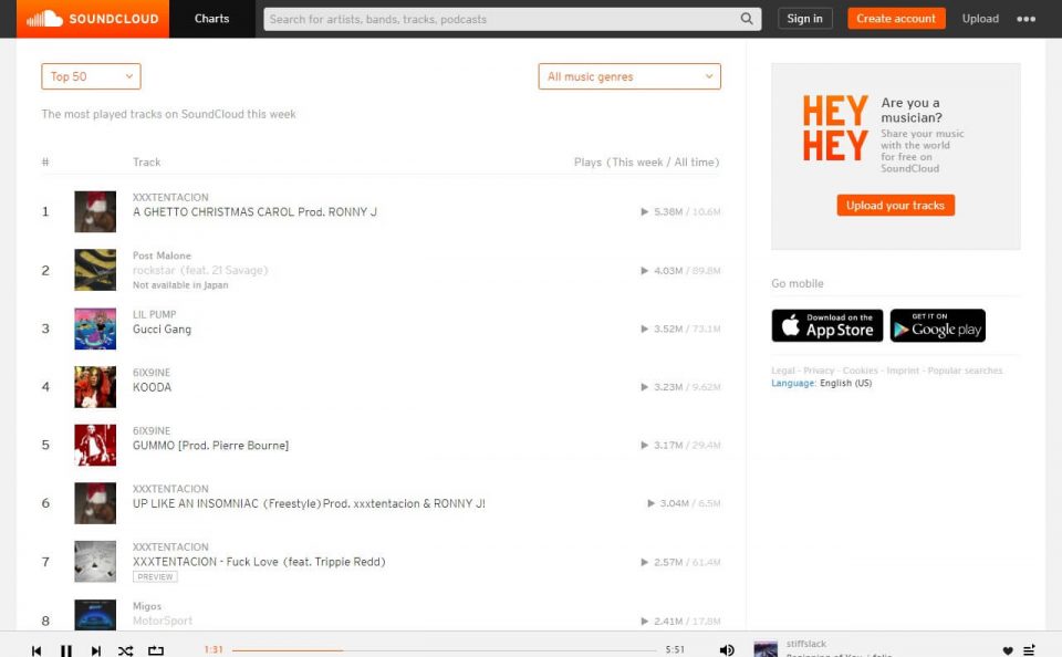 SoundCloud – Listen to free music and podcasts on SoundCloudのWEBデザイン