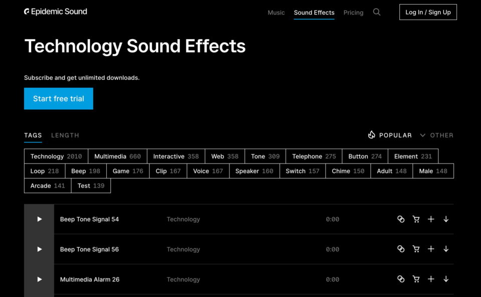 Epidemic Sound – Royalty free music and sound effectsのWEBデザイン