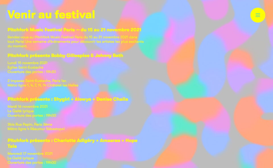 Pitchfork Music Festival Paris — Du 15 au 21 Novembre 2021のWEBデザイン