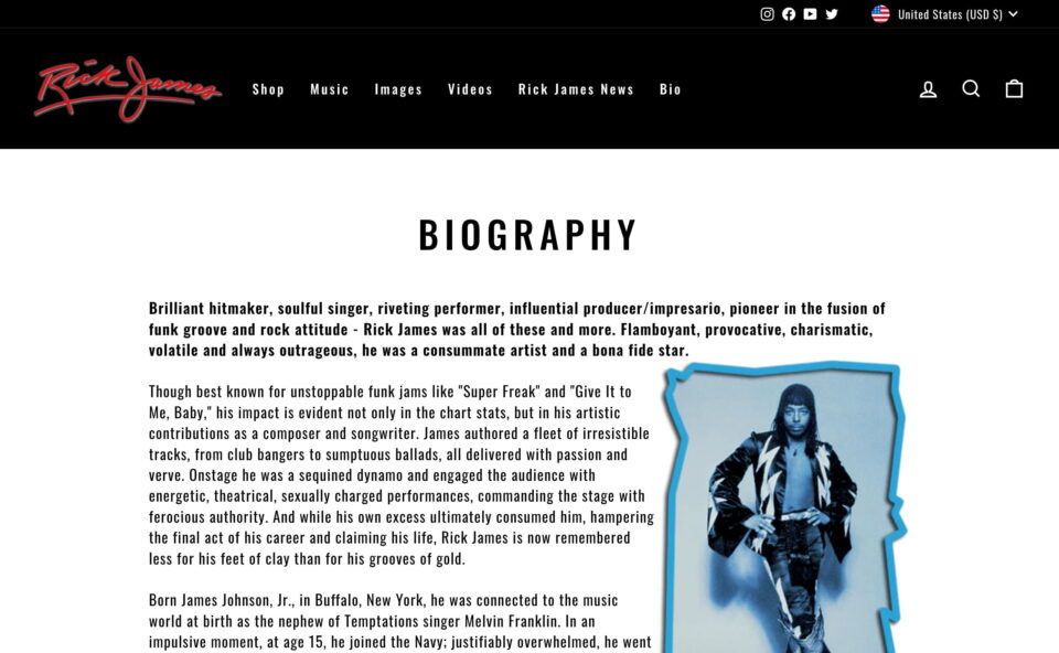 Rick James Official Site and Merchandise – Rick James MerchのWEBデザイン