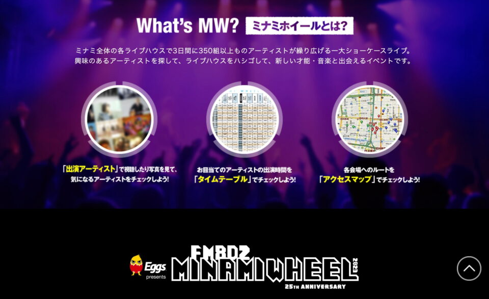TOP［トップページ］｜Eggs presents FM802 MINAMI WHEEL 2023 25th ANNIVERSARYのWEBデザイン