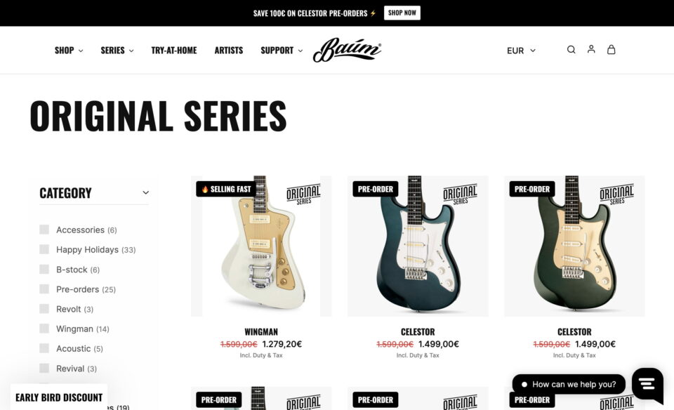 Baum Guitars – Electric guitars & bassesのWEBデザイン