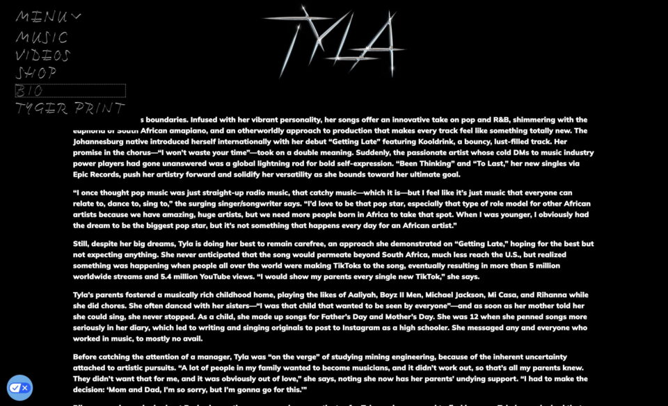 Tyla – Official WebsiteのWEBデザイン