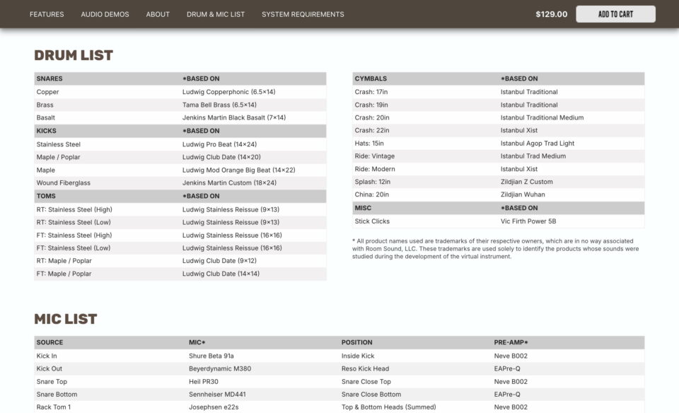 Room Sound Premium Drum SamplesのWEBデザイン