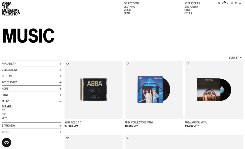 Shop ABBA The MuseumのWEBデザイン