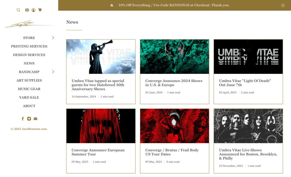 Official Site and Store of Artist, Musician, and Writer Jacob BannonのWEBデザイン