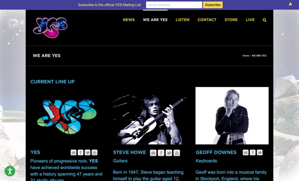 Official website for the progressive rock band YESのWEBデザイン