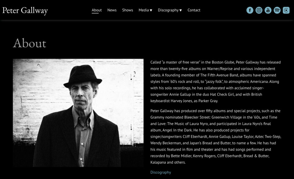 A songwriter and storyteller with the skill of a novelist – Peter GallwayのWEBデザイン