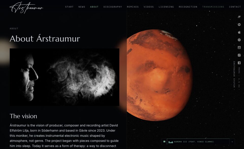 Árstraumur · Instrumental electronic musicのWEBデザイン