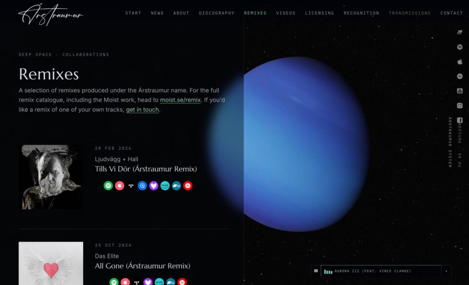Árstraumur · Instrumental electronic musicのWEBデザイン